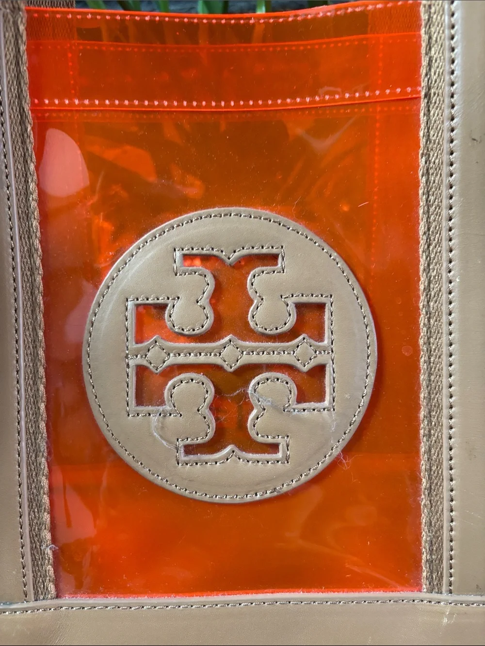 Tory Burch Bright Orange Clear Tote with Tan Trim